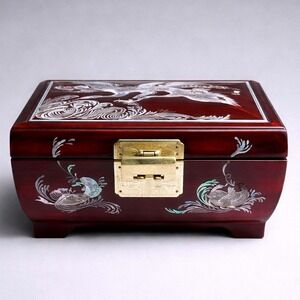 Vintage Korean Mother of Pearl Inlay Lacquer Jewelry Box Cranes Red Brown Good